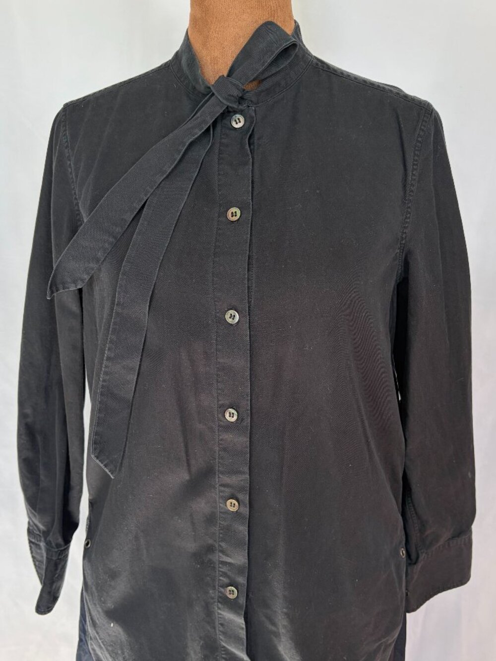 Coach New York Charcoal Black Tie Neck Button Front Blouse Size 0